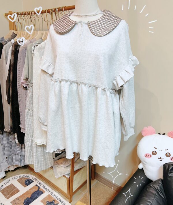 જ⁀➴♡ ✨娃娃領格紋捲邊衛衣