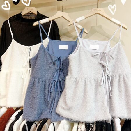 જ⁀➴♡ ✨BlingBling毛毛蝴蝶結綁帶背心 (毛毛混有銀線,細閃效果)