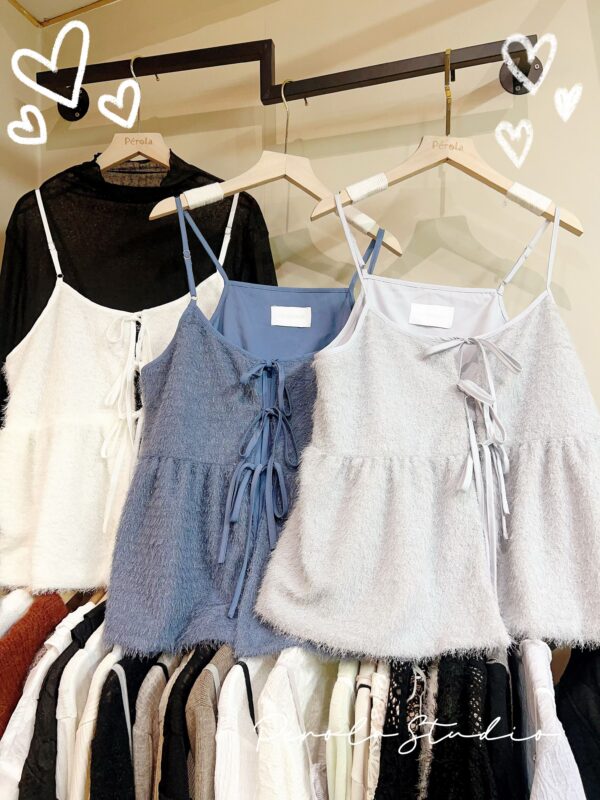 જ⁀➴♡ ✨BlingBling毛毛蝴蝶結綁帶背心 (毛毛混有銀線,細閃效果)