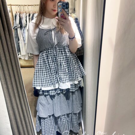 જ⁀➴♡ ✨日系黑白格吊帶外搭＋Ruffle蛋糕裙